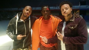 Photo of Nick Cannon, Wesley Snipes and LDorado Jonez on the set of Chi-Raq, recently announced as Best Indie Film of the Year by the African American Film Critics Association. 